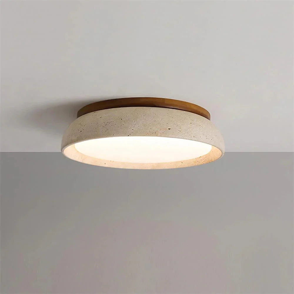 Loftlampe til soveværelset med varmt lys, beige travertin, ∅30 og ∅43 cm, blødt diffust lys, natursten