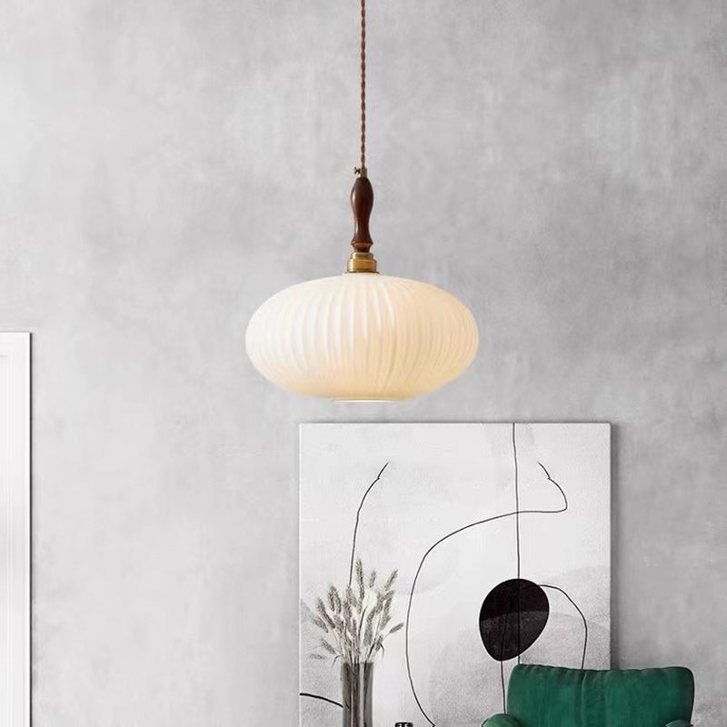 Pendel i opalglas, kuppelform, valnøddetræ, 25 cm, moderne klassisk design til spisestue, køkken, stue og café