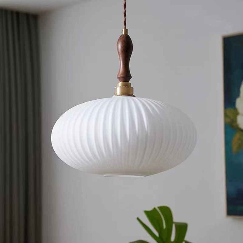 Pendel i opalglas, kuppelform, valnøddetræ, 25 cm, moderne klassisk design til spisestue, køkken, stue og café