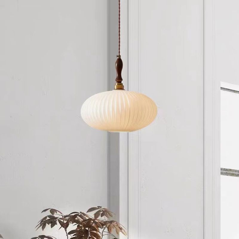Pendel i opalglas, kuppelform, valnøddetræ, 25 cm, moderne klassisk design til spisestue, køkken, stue og café