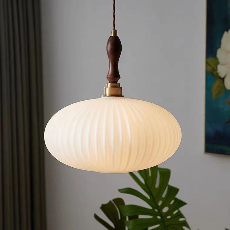 Pendel i opalglas, kuppelform, valnøddetræ, 25 cm, moderne klassisk design til spisestue, køkken, stue og café