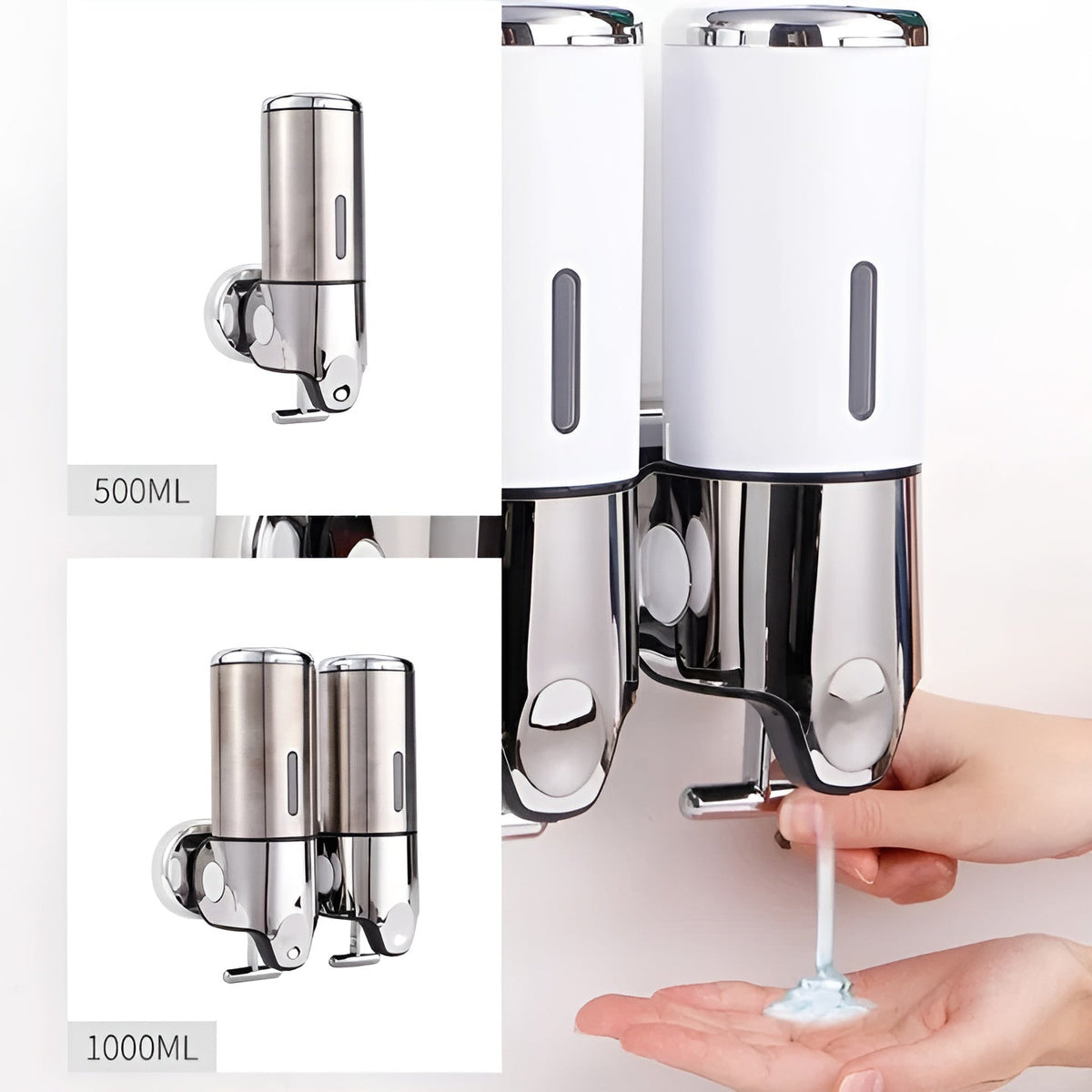 Vægmonteret sæbedispenser 500 ml i rustfrit stål og krom til badeværelse og køkken, enkelt, dobbelt eller tredobbelt