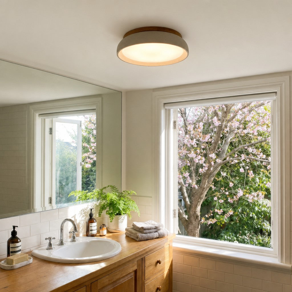 Loftlampe til soveværelset med varmt lys, beige travertin, ∅30 og ∅43 cm, blødt diffust lys, natursten
