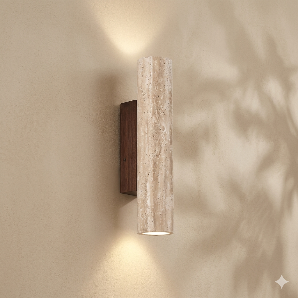 LED-væglampe i travertin og natursten, 28-32 cm, varm hvid, op- og nedlys, design til stue og entré