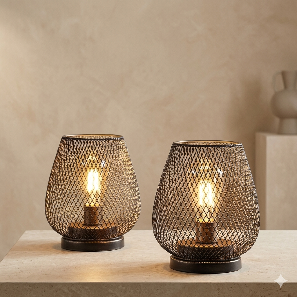Trådløs genopladelig bordlampe i metalnet, varm hvid LED