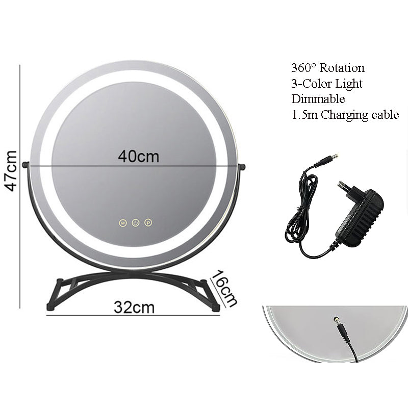 Makeupspejl med LED-lys, genopladeligt, 40 cm, 360° drejeligt, dæmpbart, 3 lysindstillinger