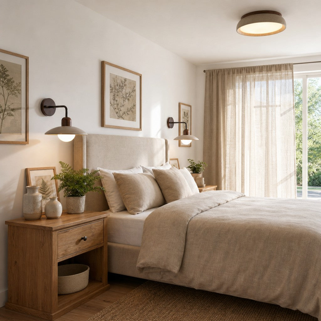 Loftlampe til soveværelset med varmt lys, beige travertin, ∅30 og ∅43 cm, blødt diffust lys, natursten