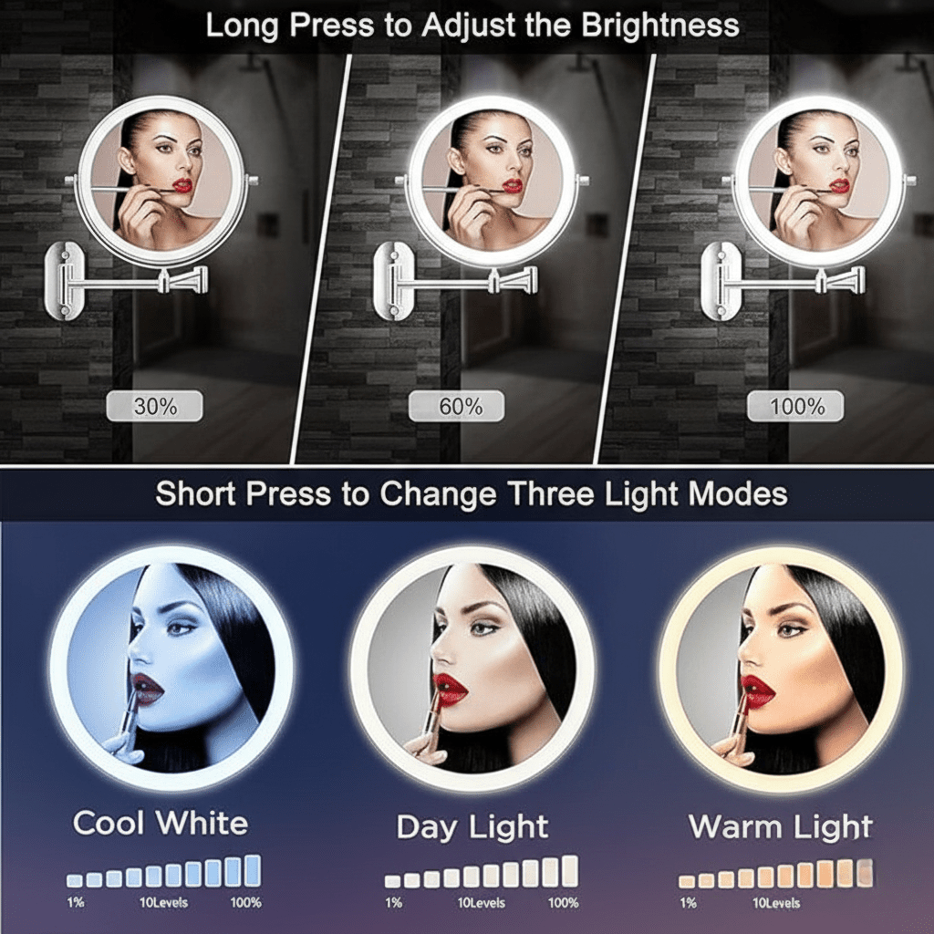 Genopladeligt LED-forstørrelsesspejl, dæmpbart, til makeup og badeværelse