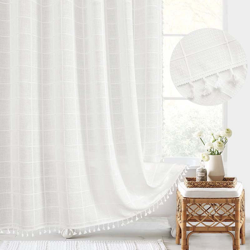 Bohemisk badeforhæng i hør, vandtæt, med kvaster, 180x200 cm, beige ternet