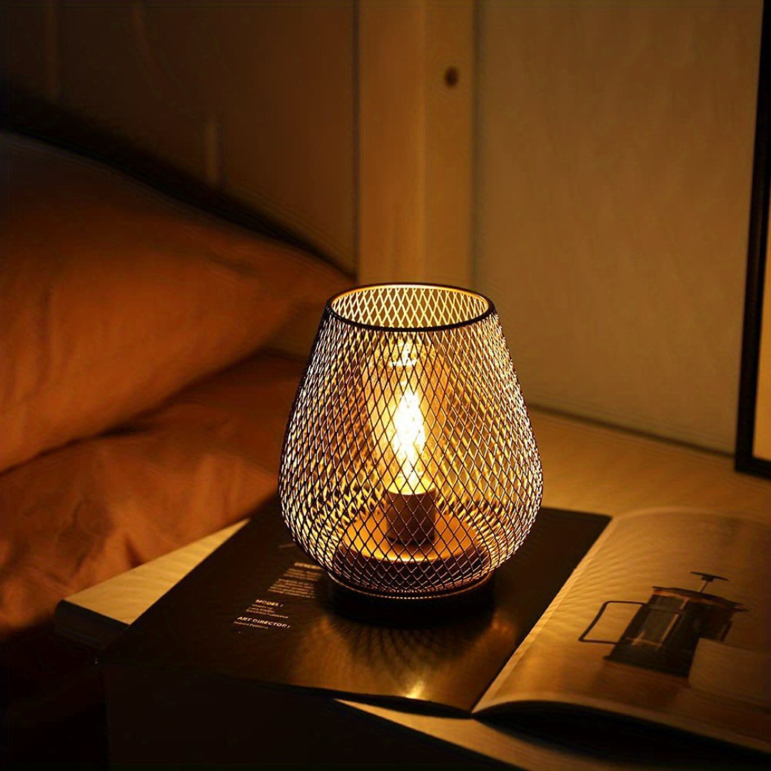 Trådløs genopladelig bordlampe i metalnet, varm hvid LED