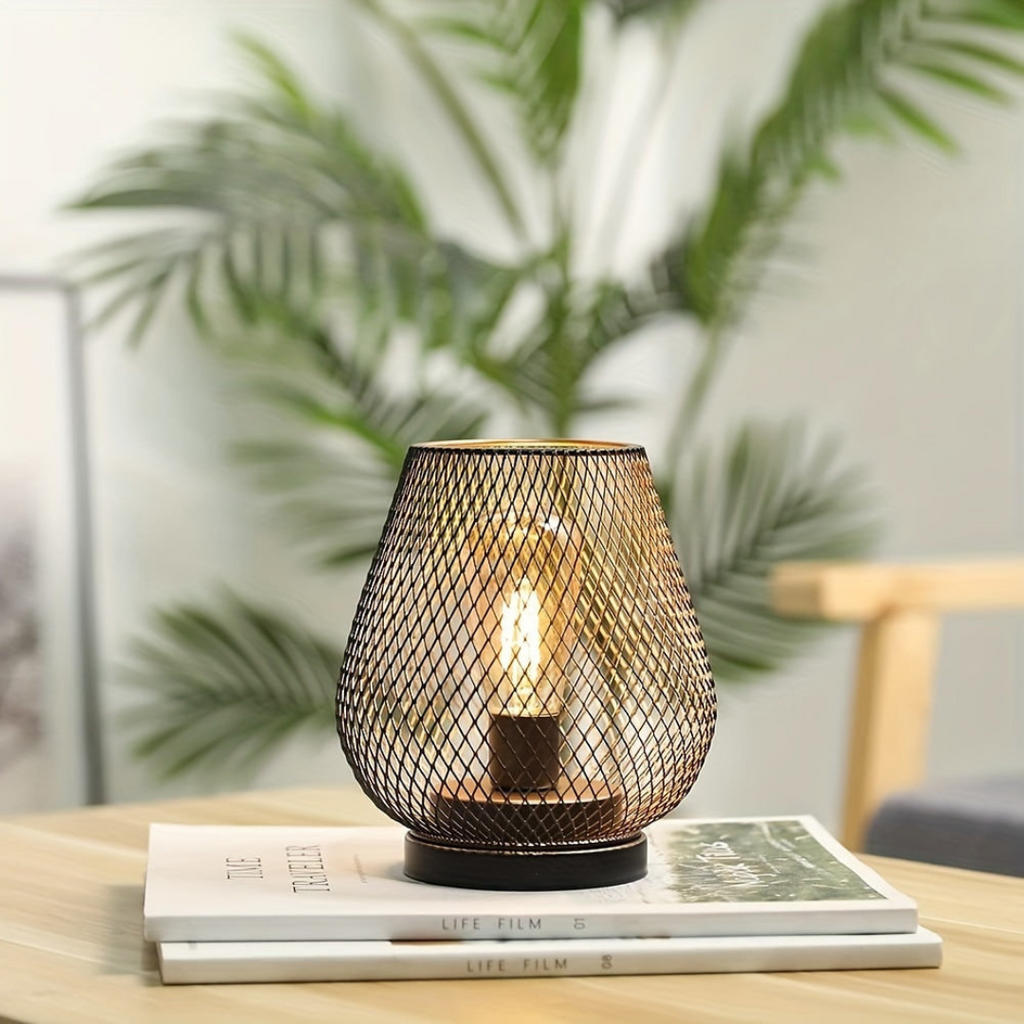 Trådløs genopladelig bordlampe i metalnet, varm hvid LED