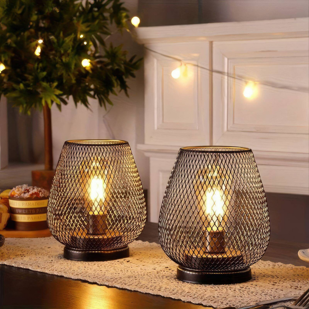 Trådløs genopladelig bordlampe i metalnet, varm hvid LED