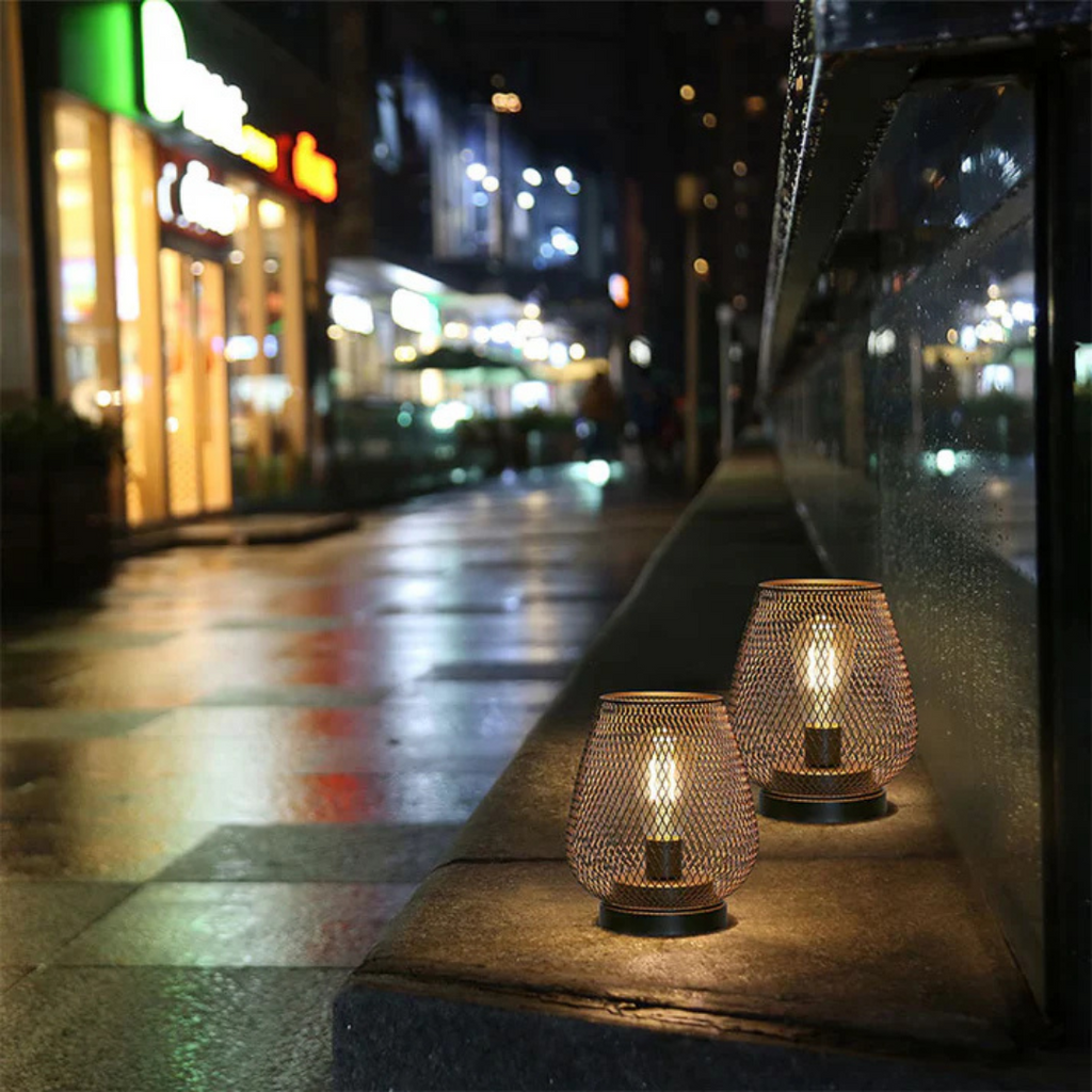 Trådløs genopladelig bordlampe i metalnet, varm hvid LED