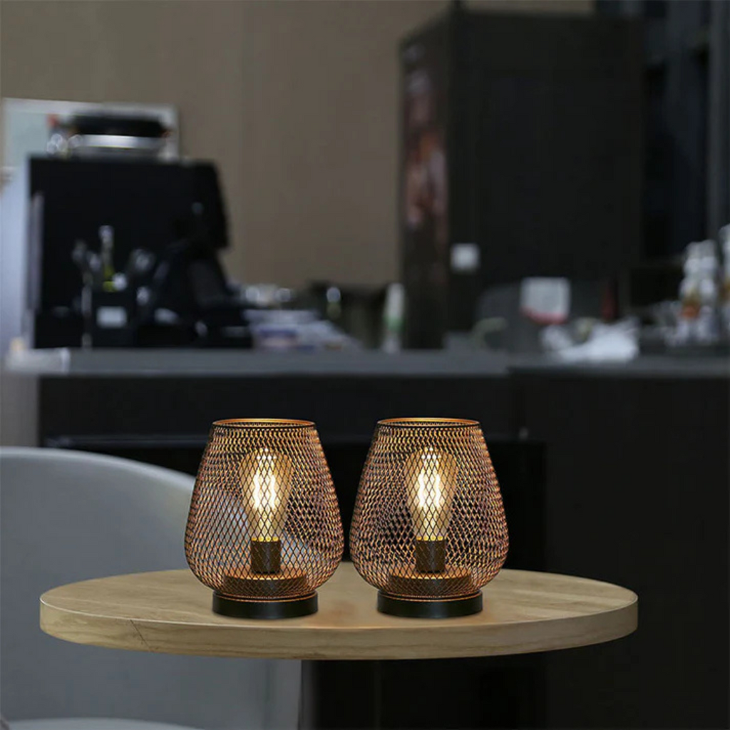 Trådløs genopladelig bordlampe i metalnet, varm hvid LED