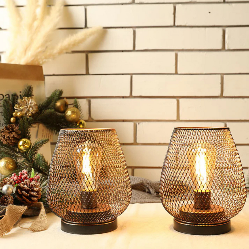 Trådløs genopladelig bordlampe i metalnet, varm hvid LED