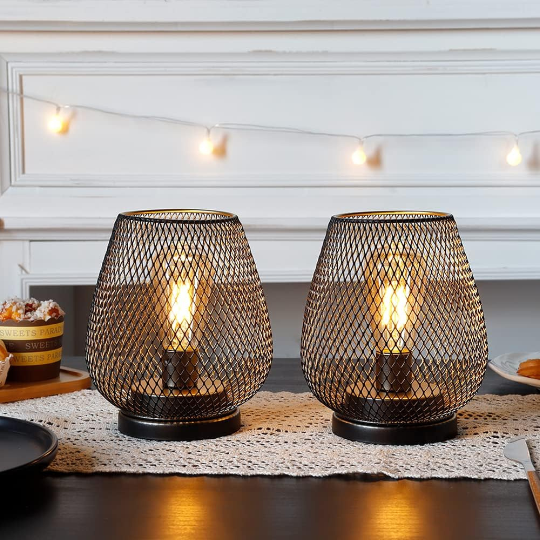 Trådløs genopladelig bordlampe i metalnet, varm hvid LED