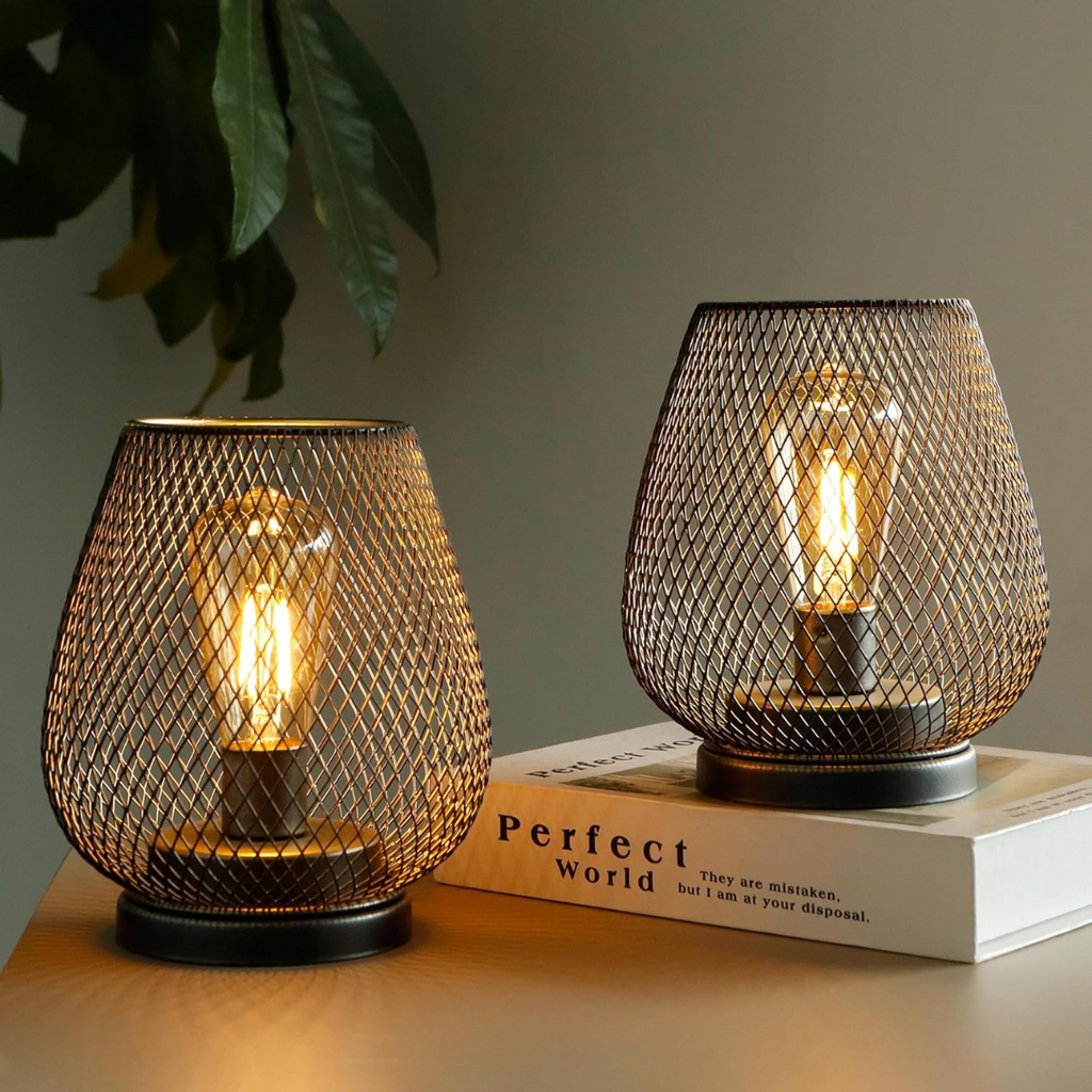 Trådløs genopladelig bordlampe i metalnet, varm hvid LED