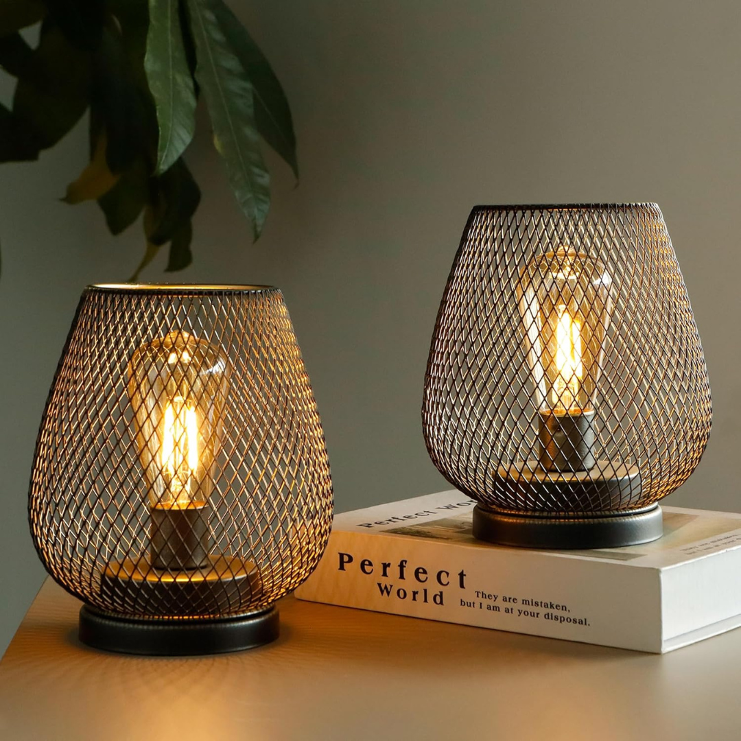 Trådløs genopladelig bordlampe i metalnet, varm hvid LED