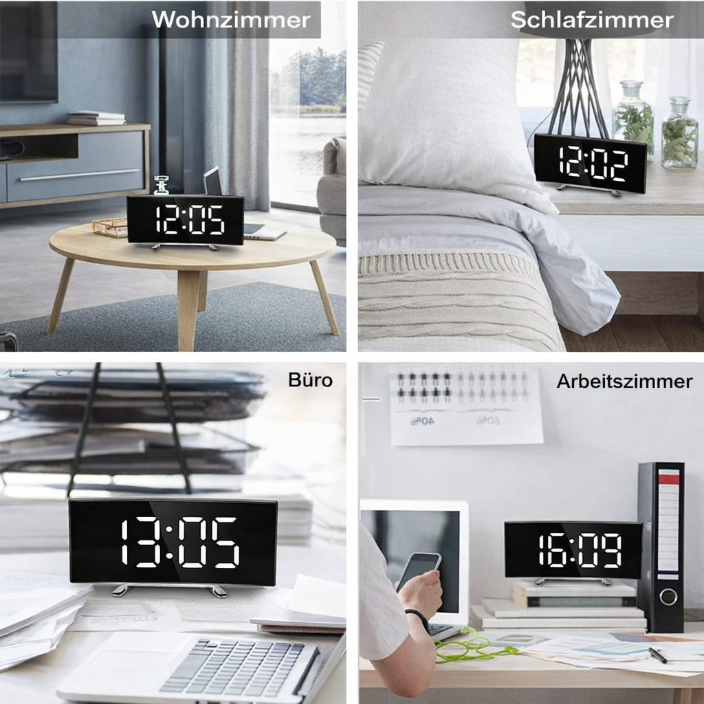Digitalt vækkeur med buet LED-display og auto-dæmpning