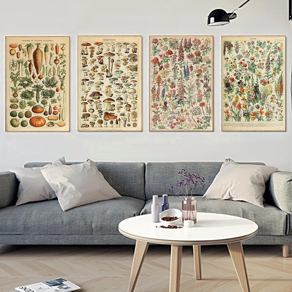 Samling af vintage lærredstryk med botaniske motiver