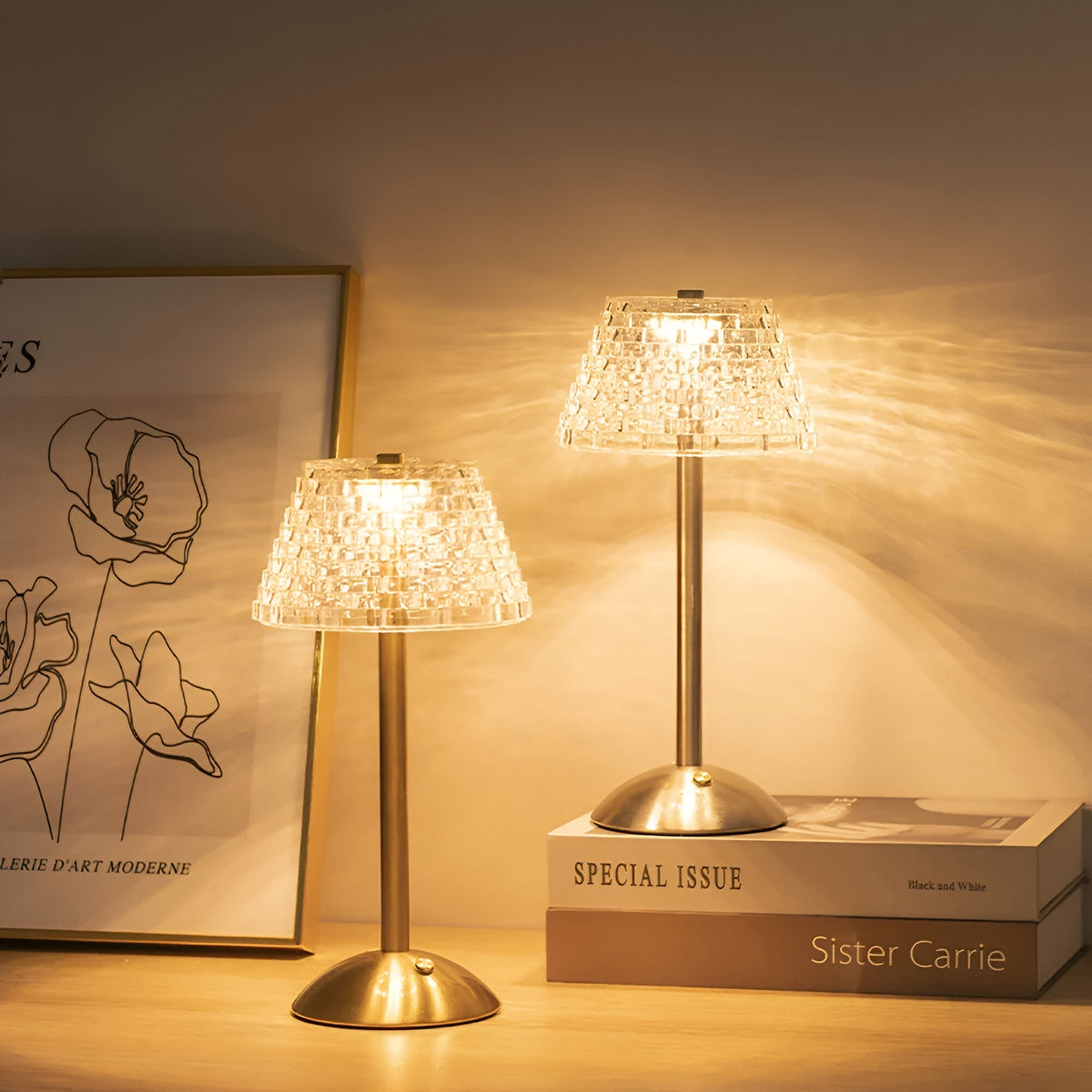 Trådløs bordlampe til spisebordet, 30 cm høj, i glas, touchbetjening, 3 lysfarver, 3600 mAh, USB-C