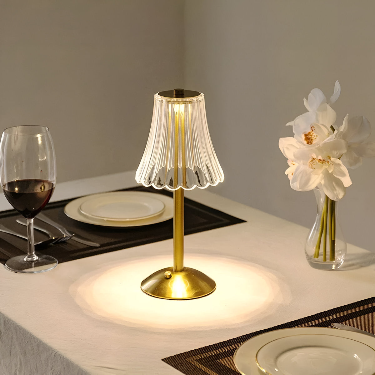 Trådløs bordlampe til spisebordet, 30 cm høj, i glas, touchbetjening, 3 lysfarver, 3600 mAh, USB-C