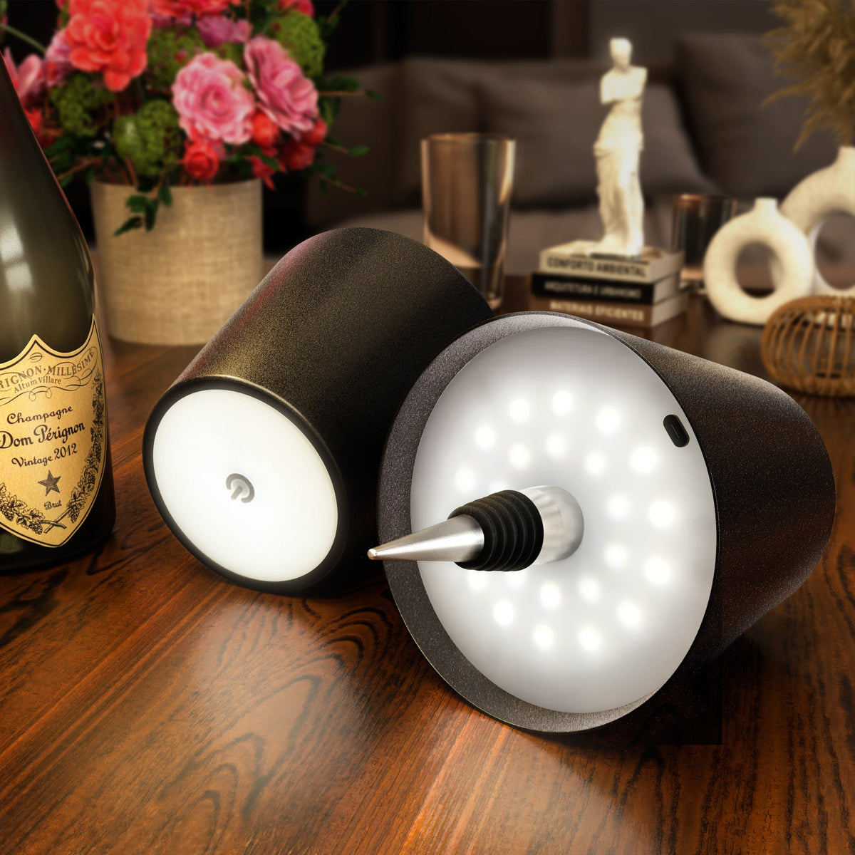 Trådløs genopladelig flaskelampe, LED, sort, 3000K, USB-C, bordlampe til vinflasker, stemningsbelysning til baren
