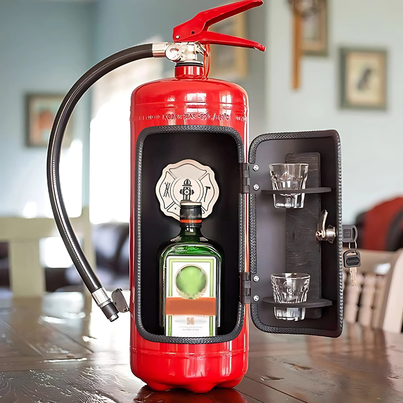 Drinksskab i brandslukker med flaskeholder og glasholder, håndlavet minibar, industrielt tilbehør til hjemmet