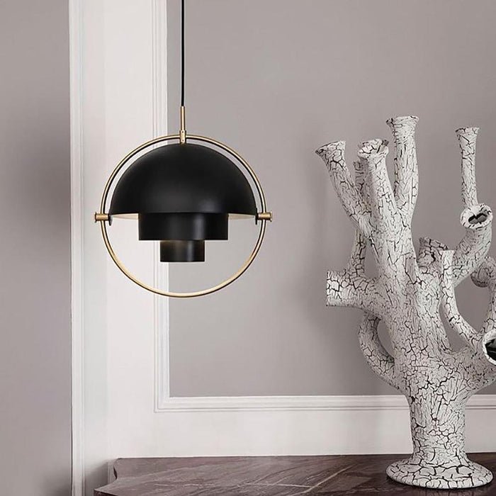 Pendel i metal og stål, E27, sort og messing, til spisebord og stue, skandinavisk design med drejelig skærm, moderne