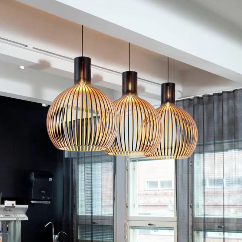 Pendel i træ med åbent design, E27, naturlig, til stue og spisebord, trælampe med organisk lysspil, skandinavisk hjem