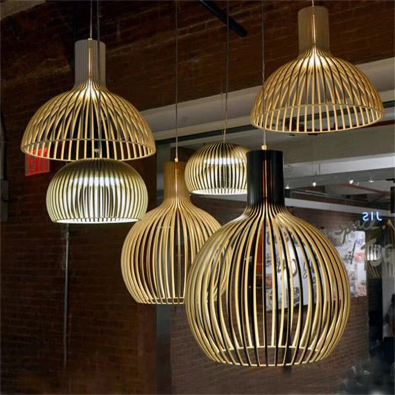 Pendel i træ med åbent design, E27, naturlig, til stue og spisebord, trælampe med organisk lysspil, skandinavisk hjem