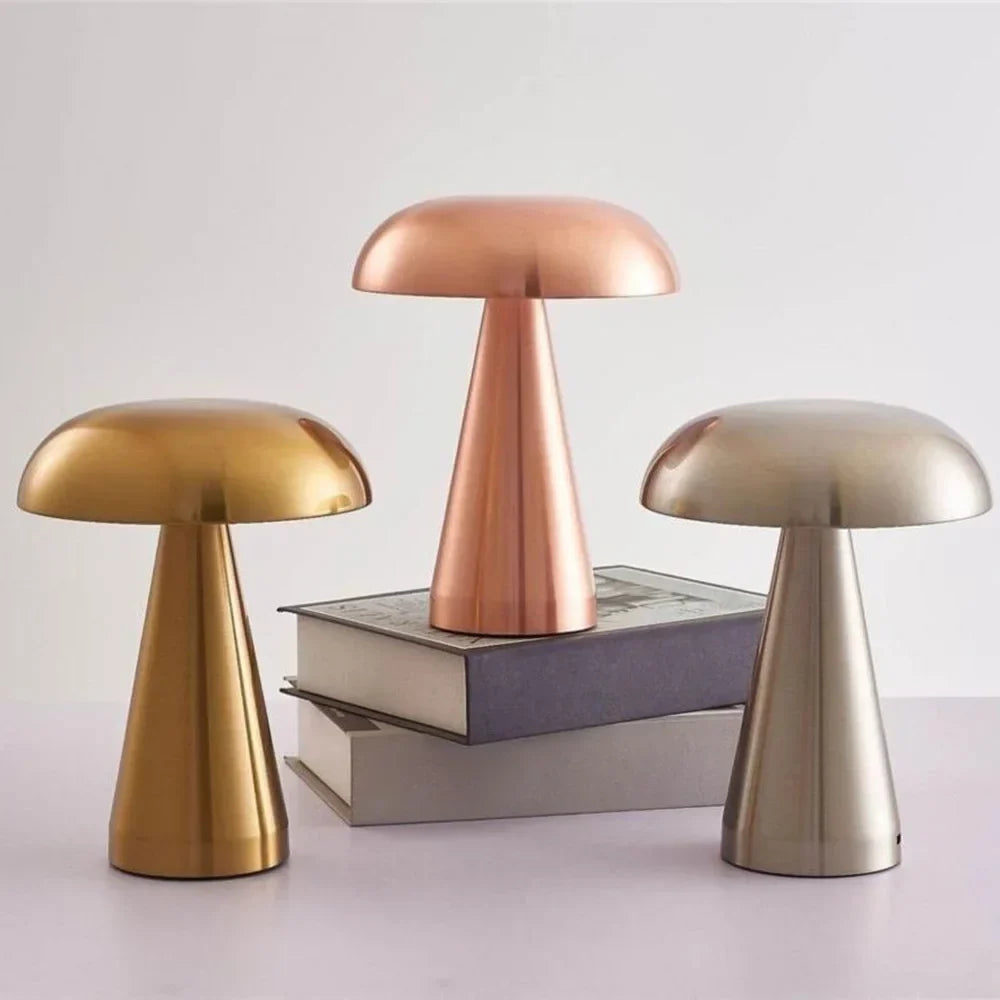 Svampelampe i metal med LED og touchbetjening, trådløs og genopladelig, bordlampe og natlampe, 21 cm