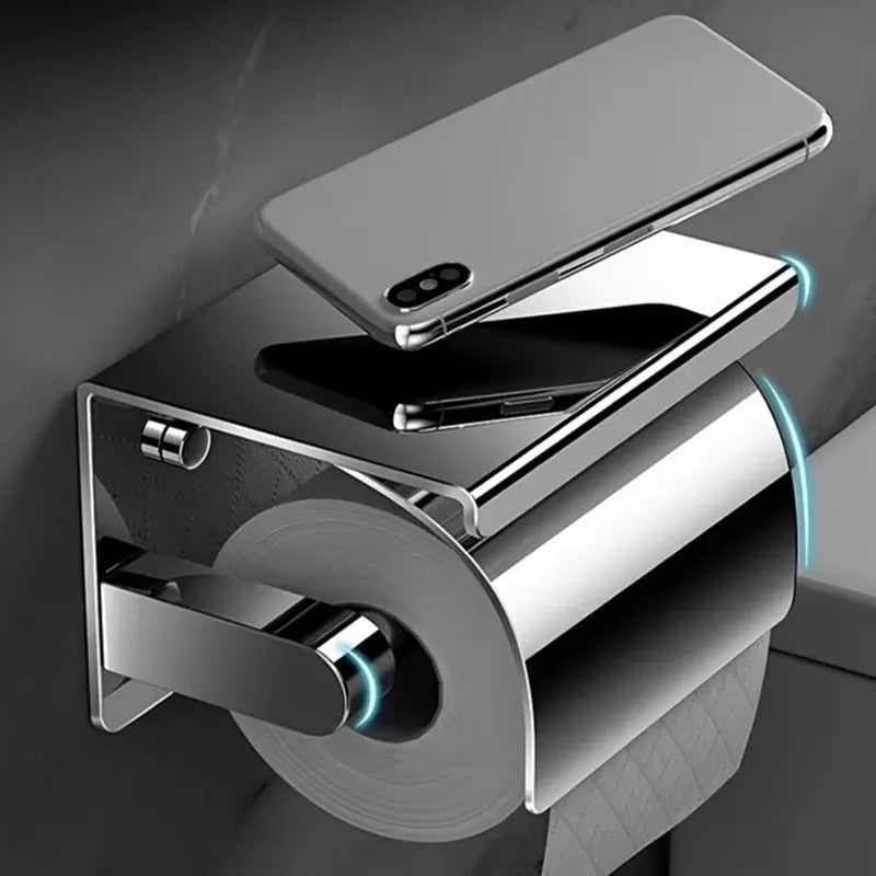 Toiletrulleholder med opbevaringshylde, vægmonteret, rustfrit stål, støvbeskyttelse, toiletpapirholder med klap