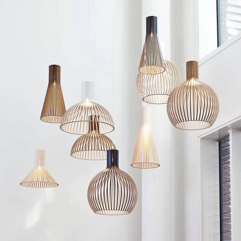 Pendel i træ med åbent design, E27, naturlig, til stue og spisebord, trælampe med organisk lysspil, skandinavisk hjem