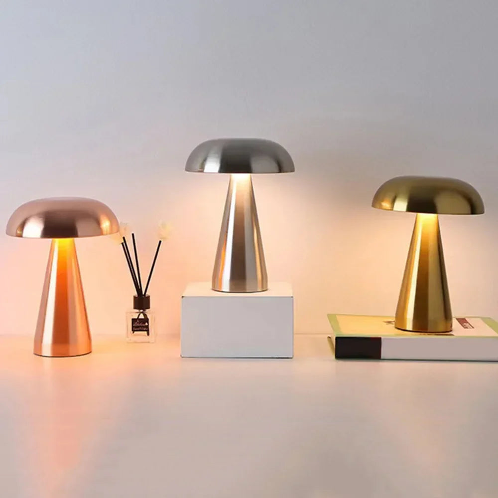 Svampelampe i metal med LED og touchbetjening, trådløs og genopladelig, bordlampe og natlampe, 21 cm