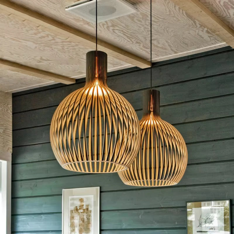 Pendel i træ med åbent design, E27, naturlig, til stue og spisebord, trælampe med organisk lysspil, skandinavisk hjem