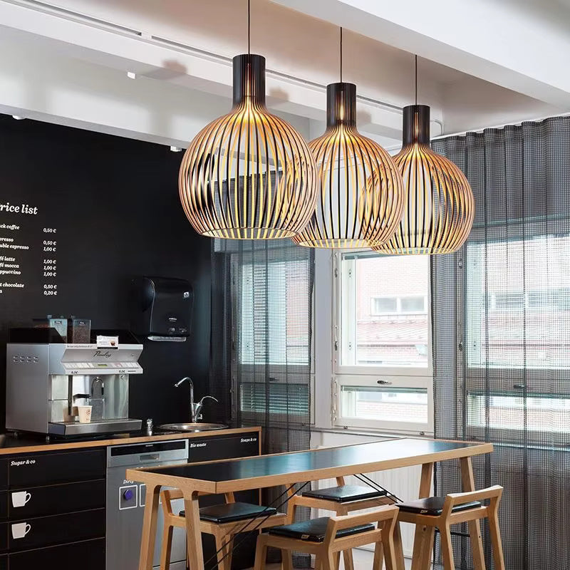 Pendel i træ med åbent design, E27, naturlig, til stue og spisebord, trælampe med organisk lysspil, skandinavisk hjem