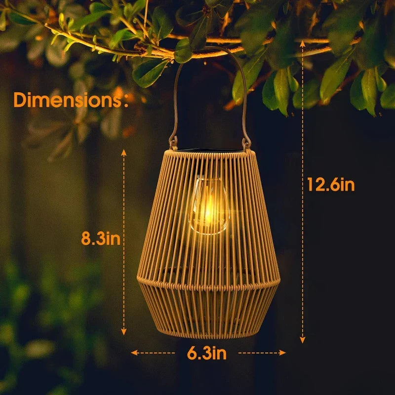 Hængende solcellelanterne, IP65, i rattan, 21 cm, 8 timers driftstid, uden ledninger og stikkontakt