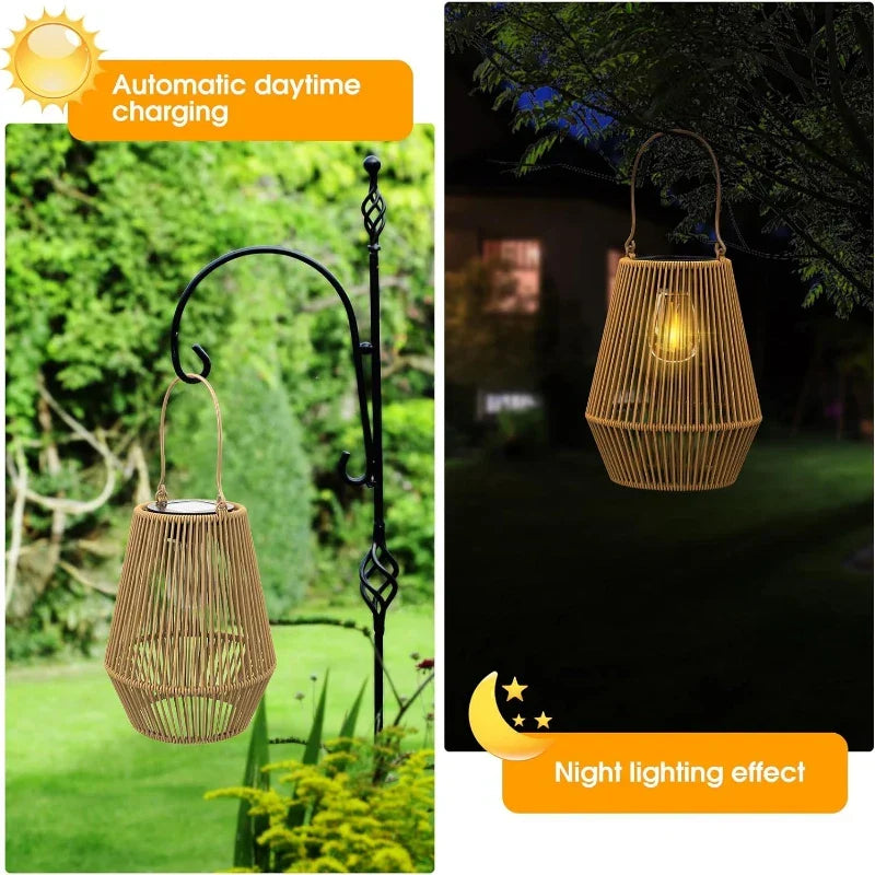 Hængende solcellelanterne, IP65, i rattan, 21 cm, 8 timers driftstid, uden ledninger og stikkontakt