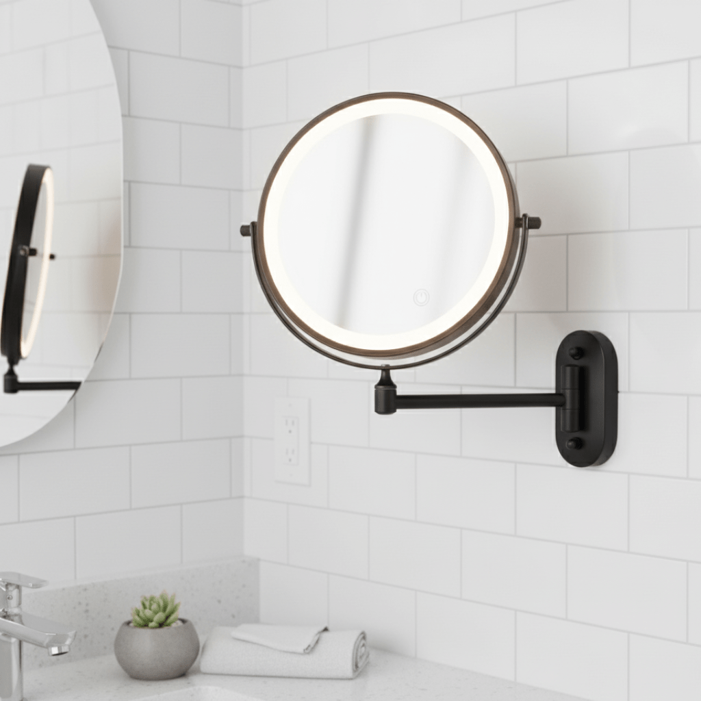 Genopladeligt LED-forstørrelsesspejl, dæmpbart, til makeup og badeværelse