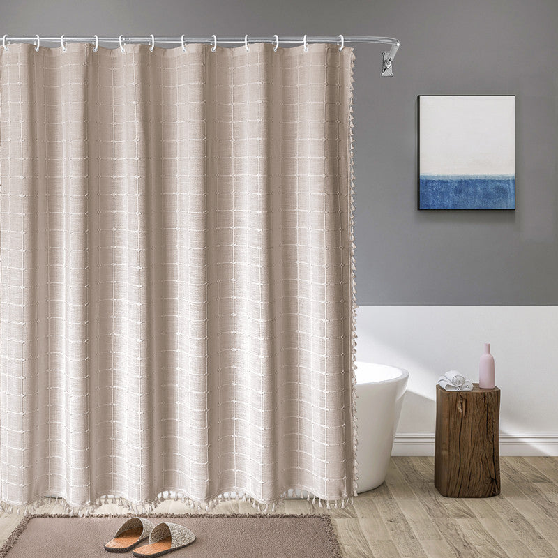 Bohemisk badeforhæng i hør, vandtæt, med kvaster, 180x200 cm, beige ternet