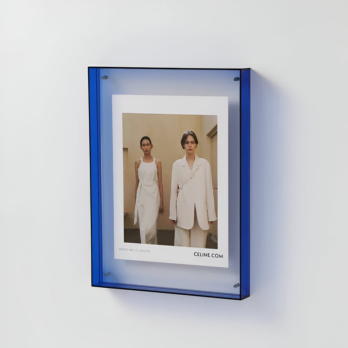 Transparent fotoramme i akryl, moderne vægramme med blå kant, vægdekoration, minimalistisk billedramme, plakatholder