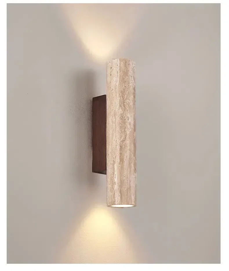 LED-væglampe i travertin og natursten, 28-32 cm, varm hvid, op- og nedlys, design til stue og entré