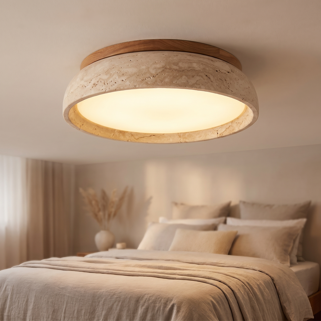 Loftlampe til soveværelset med varmt lys, beige travertin, ∅30 og ∅43 cm, blødt diffust lys, natursten