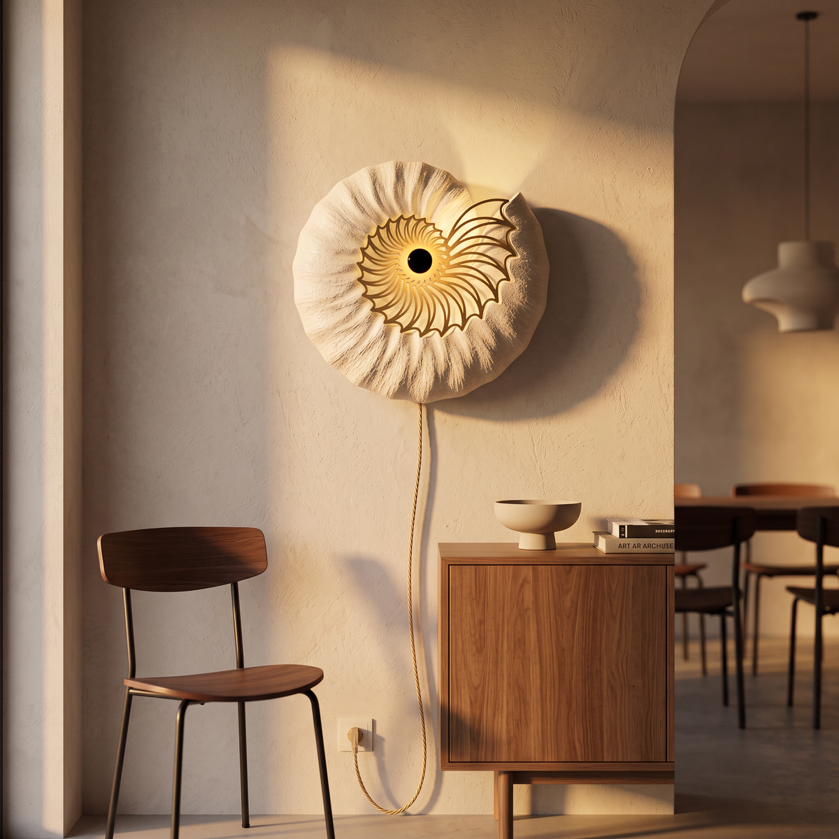 Rund væglampe 50 cm, guld, håndlavet keramik, LED, trykknap, 150 cm ledning