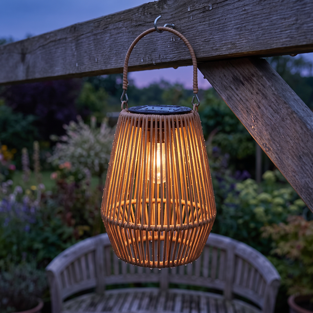 Hængende solcellelanterne, IP65, i rattan, 21 cm, 8 timers driftstid, uden ledninger og stikkontakt