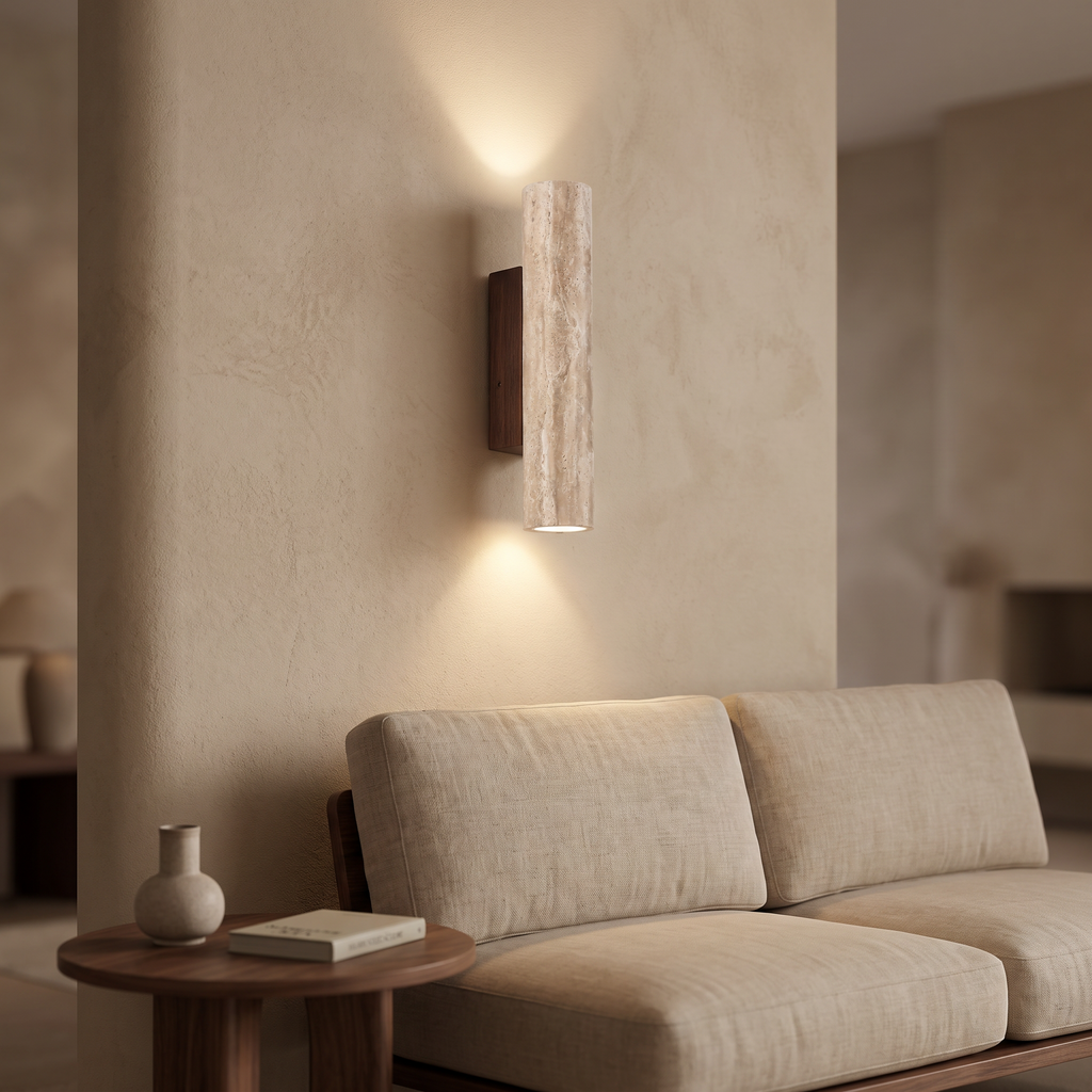 LED-væglampe i travertin og natursten, 28-32 cm, varm hvid, op- og nedlys, design til stue og entré