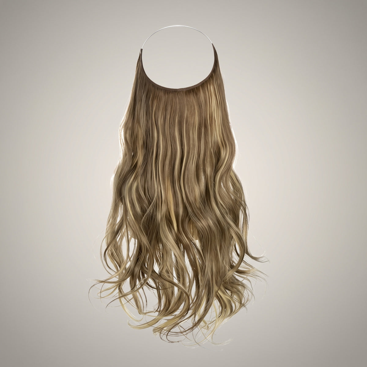 Halo hair extensions i brun og askeblond med den usynlige tråd i en hel bue