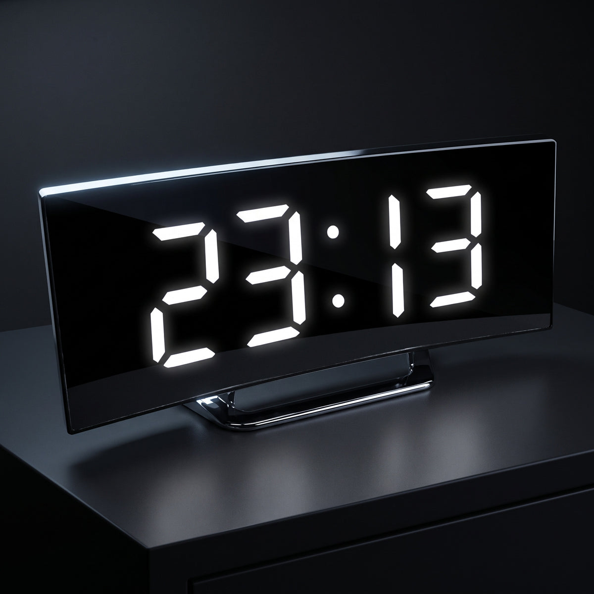 Digitalt vækkeur med buet spejldisplay og hvide LED-cifre i et mørkt rum
