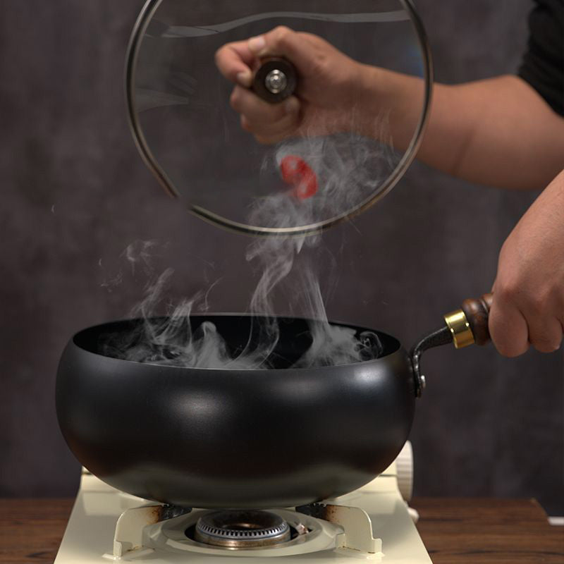 Wok i støbejern med låg, sort, ovnfast, 24 cm